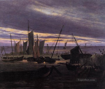 カスパー・ダヴィッド・フリードリヒ Painting - 夕方の港のボート ロマンチックなカスパール・ダーヴィト・フリードリヒ